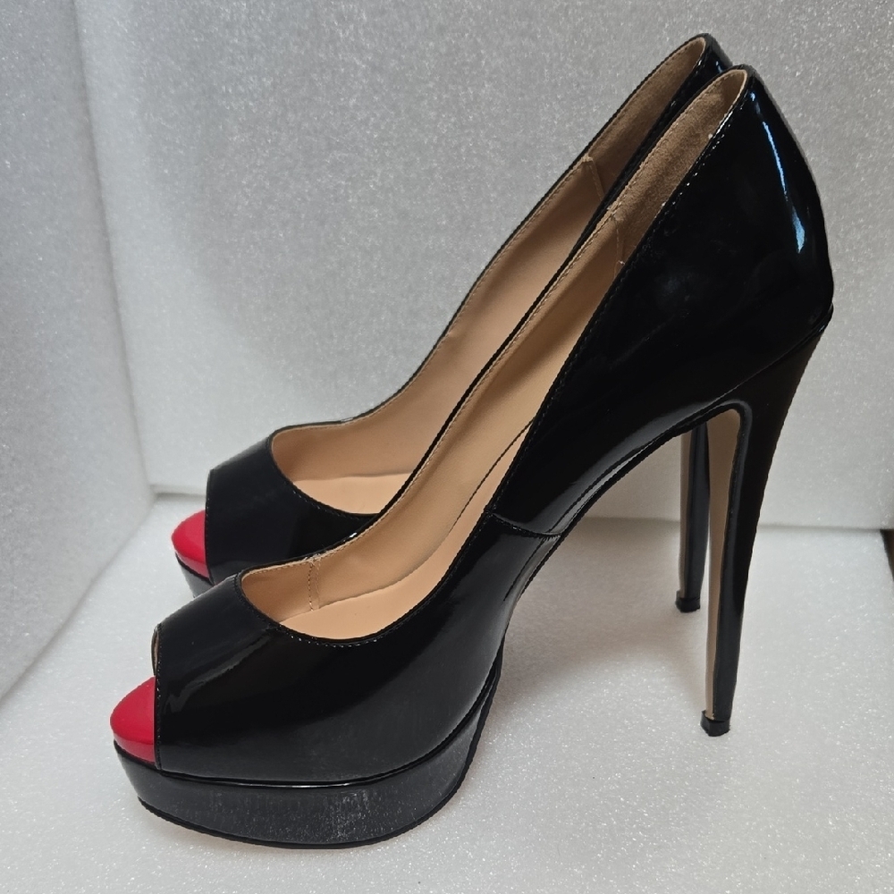 Marumote 6" SHINEY BLACK STILETTOS W/ RED PEEP VALENTINE'S  DIVA 9.5 - Picture 5 of 17